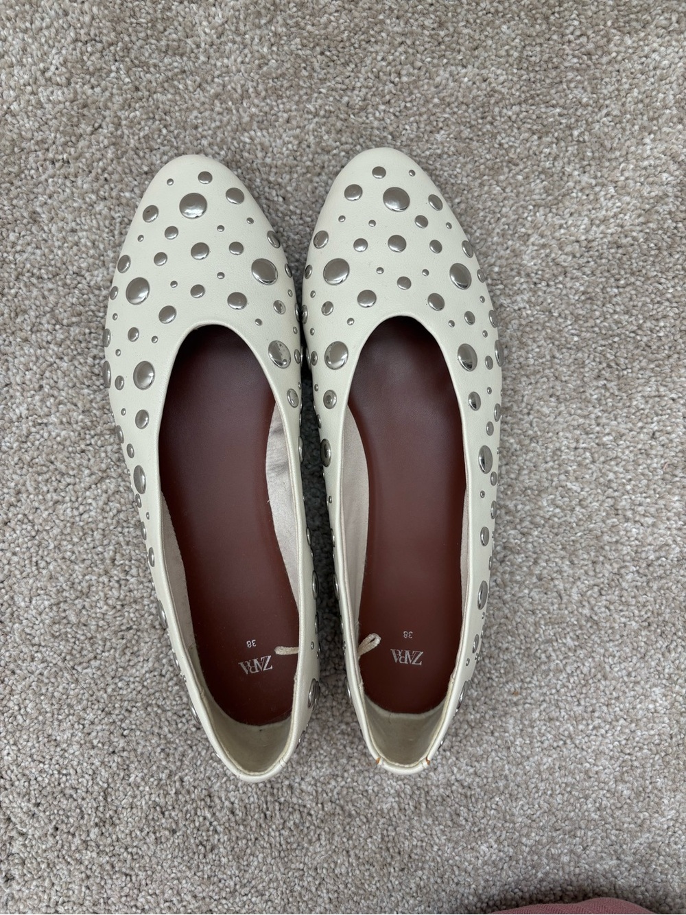 ZARA Leather Cream Studded Pointed Toe Ballet Flats NWOT EU38 - Picture 4 of 6